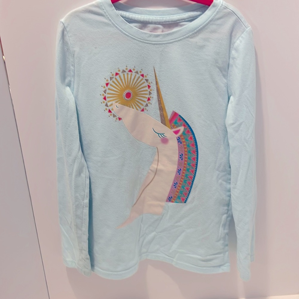 Cat & Jack Girl's size Medium 6 6X blue Boho Unicorn Graphic long sleeve T-shirt